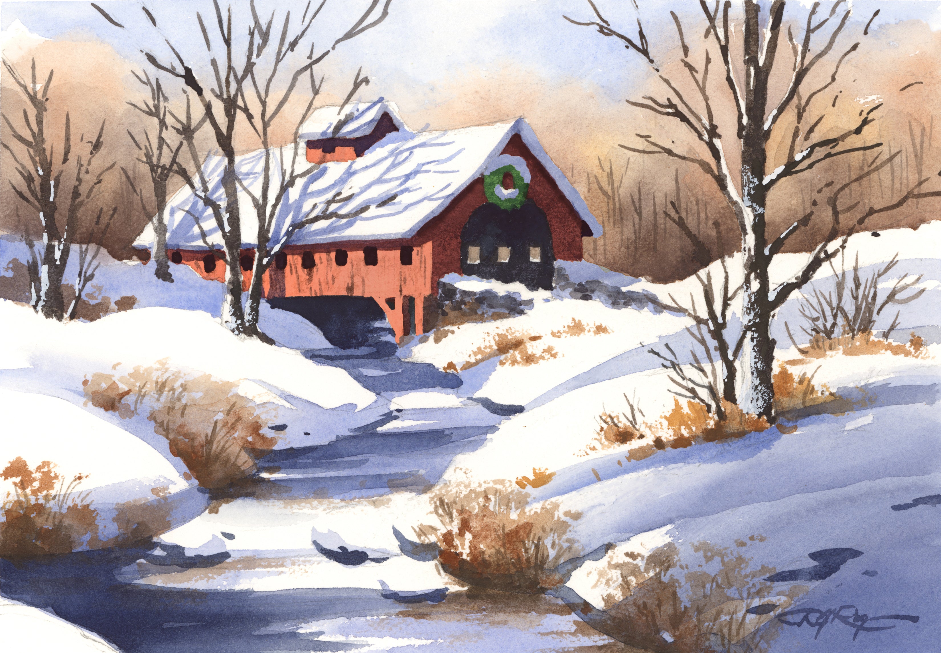 Watercolor Painting Landscape Winter